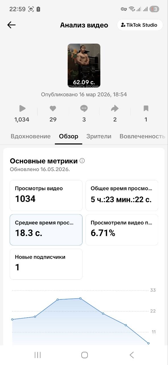тикток обзор метрикк: просмотры, общее время, средний просмотр.